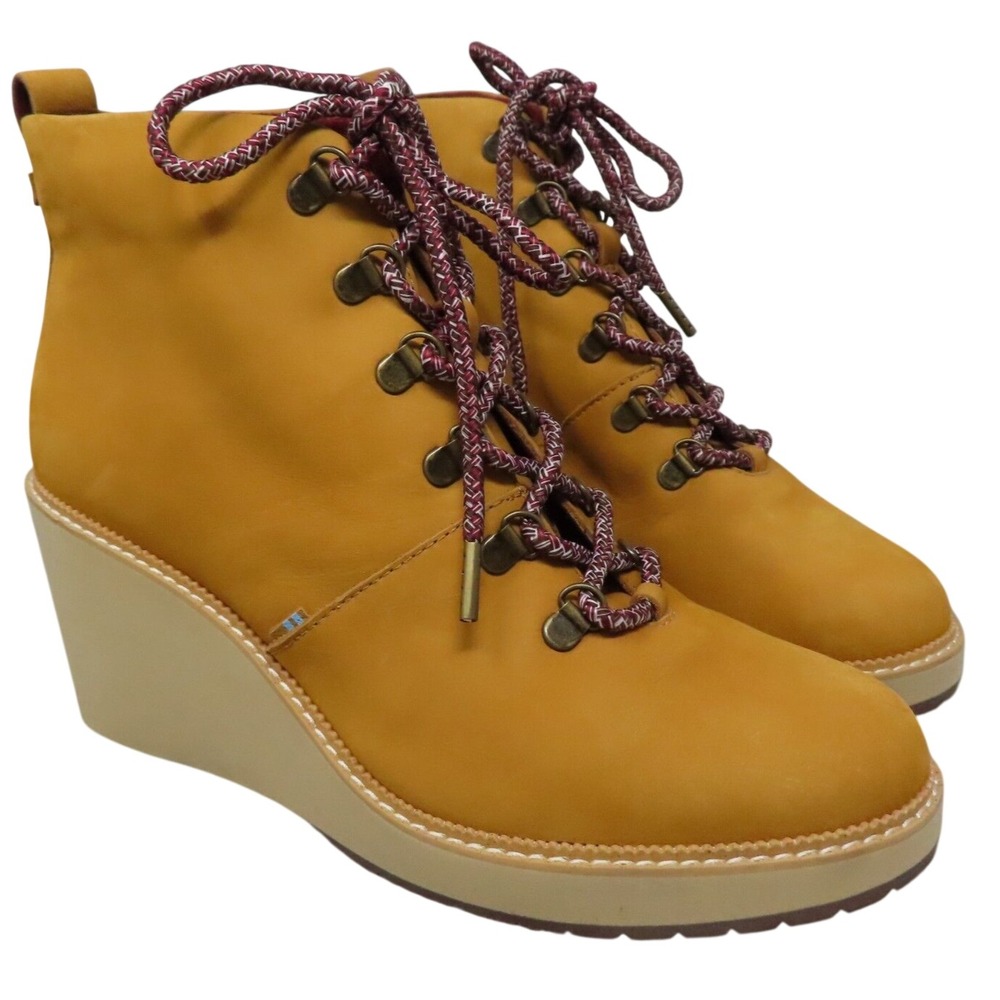 TOMS Melrose Leather Ankle Boots 11 Camel Platform Wedge Lace-Up Water Resistant